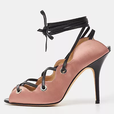 Manolo Blahnik Pink/Black Satin And Leather Ankle Wrap Sandals Size 36 • $130.20