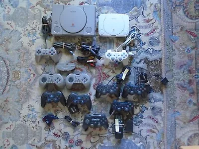 2 PlayStation 1 Consoles 10 Controllers - FOR PARTS OR REPAIR LOT! READ • $30