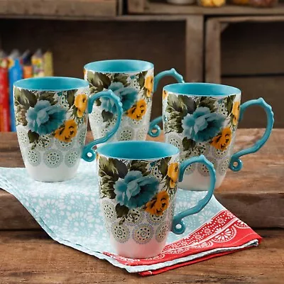 The Pioneer Woman Rose Shadow 4-Piece 26-Ounce Latte Mug Set Turquoise • $17.88