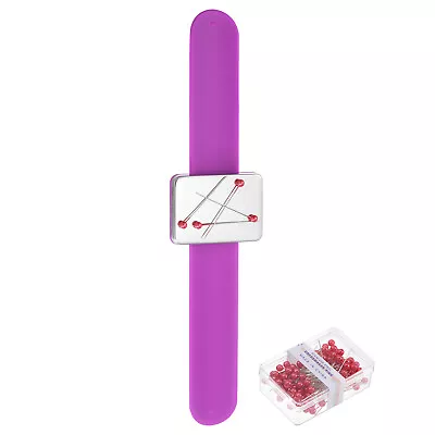 Magnetic Pin Holder Wristband Sewing Pincushion 100 Plastic Head Pins Purple • $12.63