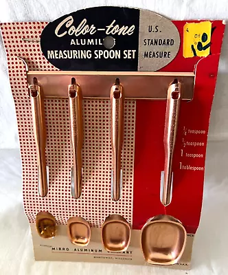 Vintage MIRRO Measuring Spoon Set & Hanging Rack/Holder Color-tone Copper NOS • $34.99