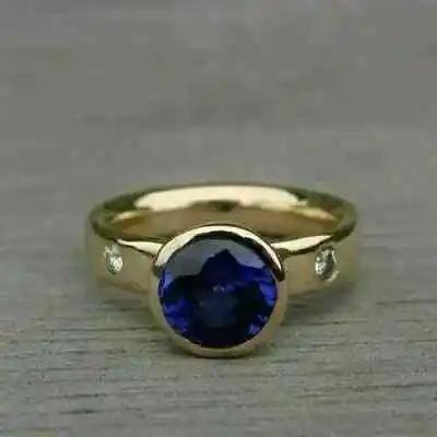 2Ct Round Lab-Created Blue Sapphire Bezel Engagement Ring 14K Yellow Gold Plated • $70.49