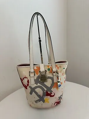 Dooney & Bourke Paint Splattered Graffiti White Canvas Leather Trim N/S Bucket • £38.60