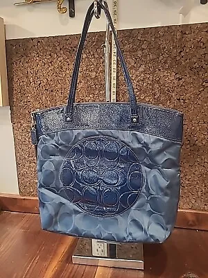 COACH LAURA  TOTE Navy Blue Patent Leather Canvas Shoulder Bag Monogram Purse  • $39.90