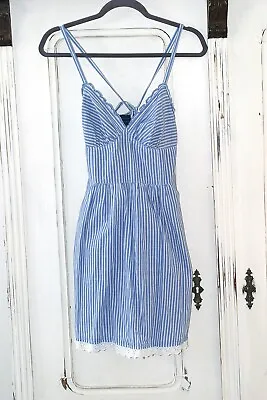 Gilly Hicks Sidney Blue And White Striped Cotton Mini Sun Casual Dress Size M • $25