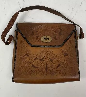 Vintage Hand Tooled Leather Handbag Purse Floral Western Cowgirl • $47.99