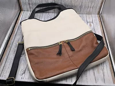 Fossil Erin Foldover Leather Tote Crossbody Bag Colorblock Tan Blk Ivory Purse • $29.99
