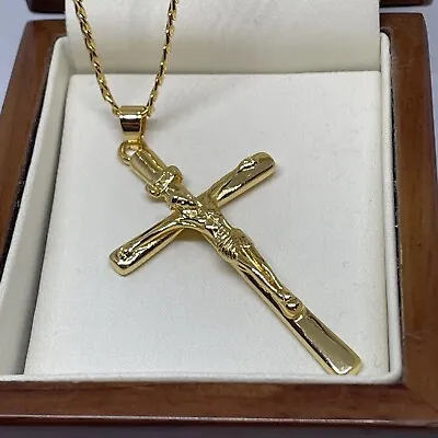 Large 9ct  Gold Filled Crucifix Cross  Chain Necklace 24 Inch 60cm FREE GIFT BOX • £24.99