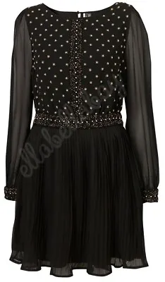 £54.99 • Buy TOPSHOP Black Vintage Flower Bead Embellished Pearl Floaty Skater Dress UK10 38