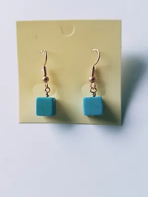 Blue Turquoise Magnesite Cube Copper Earrings. Hook Fastening. • £6