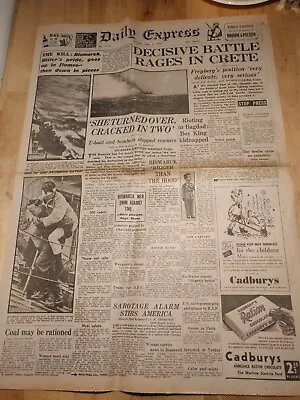 £9 • Buy Original Daily Express Newspaper 31/5/1941 Bismarck Invasion Of Crete