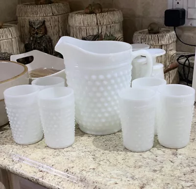 Anchor Hocking Vtg Hobnail Milk Glass Pitcher Set With 6 Tumblers Excellent • $46.75