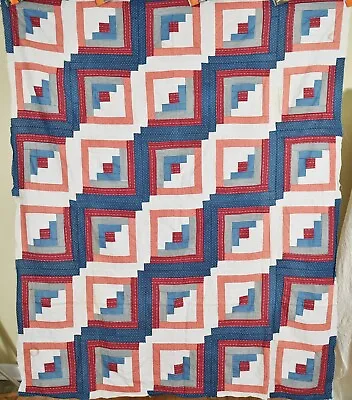 Vintage 1880's Straight Furrows Log Cabin Antique Quilt Top ~Blue Zigzags! • $265