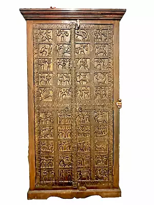 Teak Wood Brutalist Mid Century Armoire 2 Door Hand Made Carved Cabinet Wardrobe • $1599.56