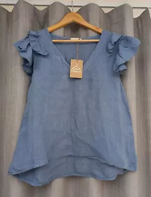 BNWT Made In Italy Lagenlook Blue Linen Top One Size 14 16 18 Ruffle Sleeves • £8.95