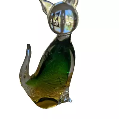 Formia Murano Art Glass Green Yellow Cat Figurine 5.5 Inches • $49.99