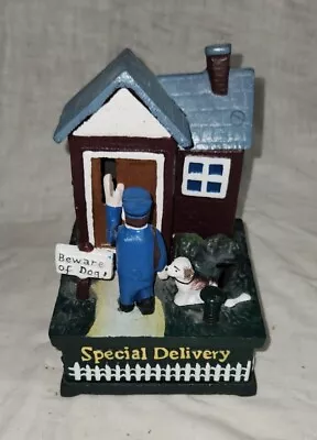 VTG Cast Iron Metal Bank Mailman Special Delivery Beware Of Dog Mechanical AS IS • $54.99