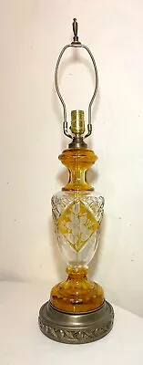 Antique Cut To Clear Bohemian Czech Orange Clear Glass Crystal Table Floral Lamp • $296.99