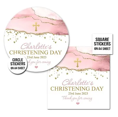 £3.49 • Buy Christening Stickers Personalised Pink & Gold Agate Cross Gloss A4 Sheet X1