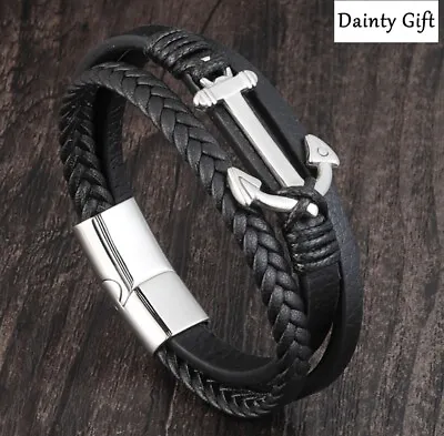 DAINTY Men Women Silver Anchor Braided Genuine Leather Bracelet / Bangle 7-9  • $14.99