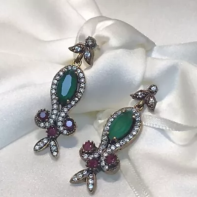 Vintage Multi Gemstone Earring Sterling Silver Dangle Earrings 13g Green Red • $59.99