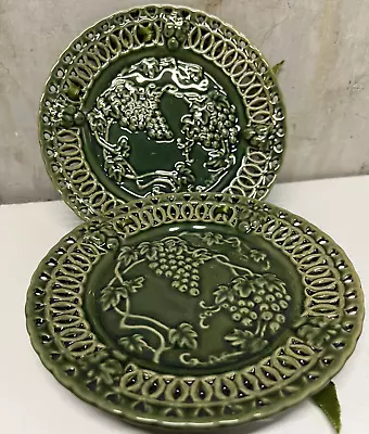 2 Vintage Hosley Potteries 6  Green Decorative Wall PLATES Grapes Ribbon Hanger • $15