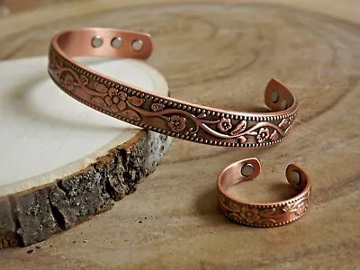 Solid Copper Magnetic Bracelet Ring Set Arthritis Men Women Cuff Ring Set Flower • $17.95