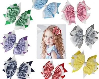 4INCH Gingham Ribbon Three Layered Girl School Hair Bow Clips Plaid • £2.99