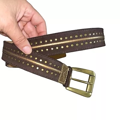 Michael Kors Belt Size Medium Brown Suede Gold Leather Trim Wide Brass Buckle • $56.98