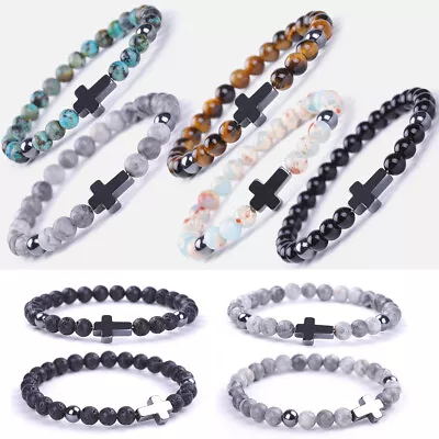 2023 6mm Hematite Jesus Cross Bracelet Men Natural Africa Stone Beaded Bracelets • $7.99