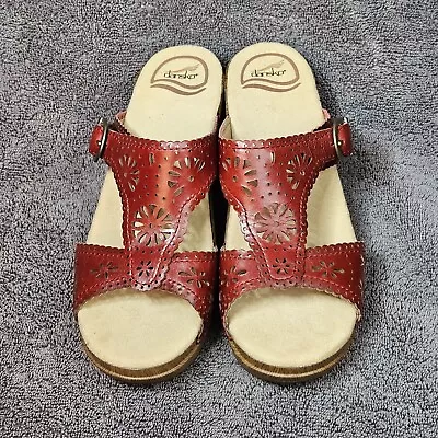 Dansko Sandals Sz. 38 Red T Strap W/ Buckle 2.5  Heel 1  Platform Filigree Upper • $33