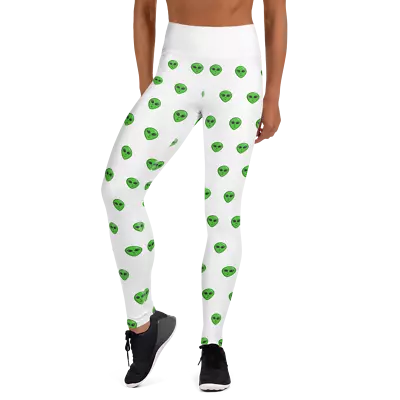 High-Rise Waistband Yoga Leggings White With Green Alien Extraterrestrial Heads • $38.95