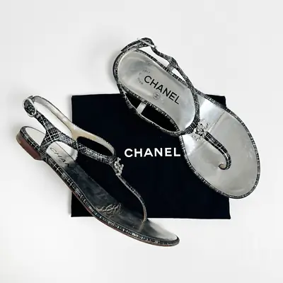 CHANEL Interlocking CC Logo Sandals Size 36.5 US 6 Black Metallic Silver T-strap • £284.03