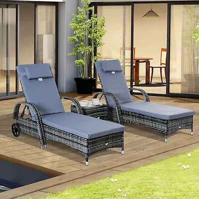 Rattan Sun Lounger Set Wicker Recliner Bed Side Table Garden Furniture Cushion • £262.99