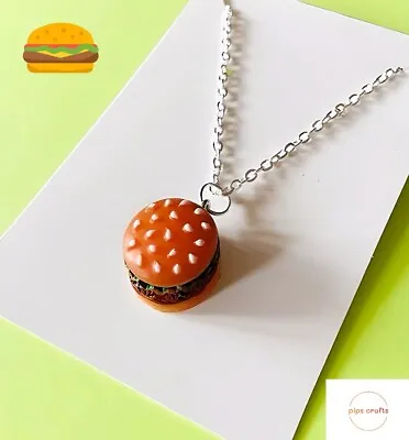 Fun Burger In A Bun Necklace - Silver Chain Quirky Handmade Jewellery - Party • £3.95