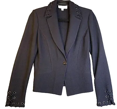 St John Blazer Women Size 2 XS Knit Navy Blue 1 Button Laced Jacket Shoulder Pad • £104.49