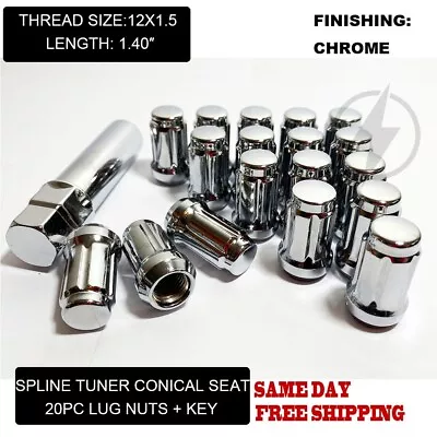 20 Chrome Tuner Racing Lug Nuts For Aftermarket Wheels 12x1.5 + 6 Spline Key • $19.28