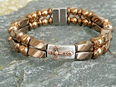 Men’s Women’s Holy Cross Magnetic Hematite Bracelet Anklet 2 Row Copper Silver • $46.99