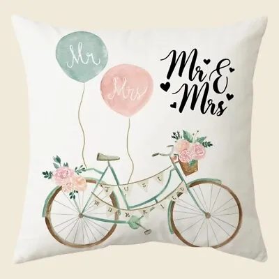 New Just Married Mr. And Mrs. Rustic Spring Wedding Floral Bicycle Pillow Cover • £11.40