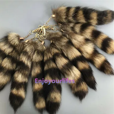 10pcs/lots Real Natural Raccoon Fur Tail Keychain Bag Charm Purse Furry Pendant • $21.50
