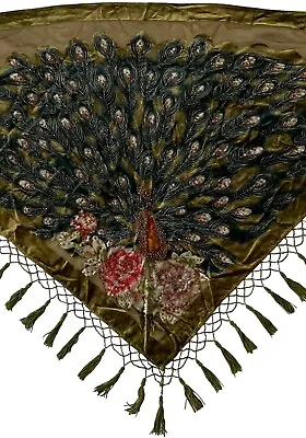 Handmade  Velvet Silk Peacock Floral Beaded Embroidered Tassel Wrap Scarf Shawl • $39.99