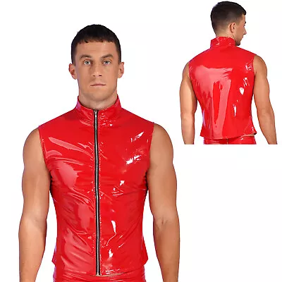 US Men Sleeveless Jackets Wet Look Patent Leather Stand Collar Vest Top Clubwear • $12.36