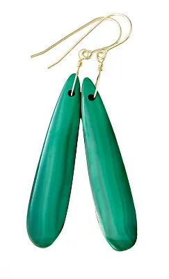 14k Gold Malachite Earrings Natural Light Green Long Sterling Large Drops 2.5 • $75