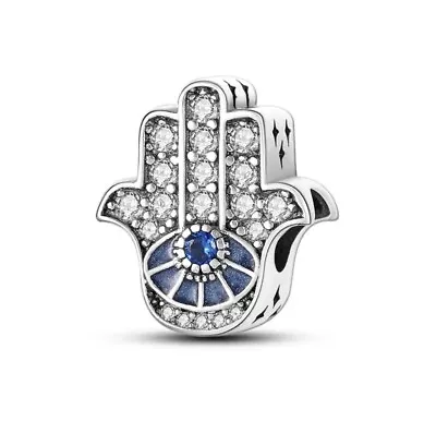 Genuine 925 Sterling Silver Blue Hamsa Hand Bead Charm • £10