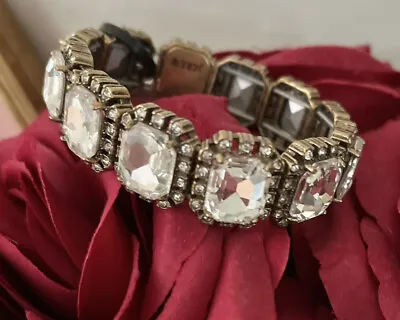 J Crew Clear Faceted Crystal Rhinestone Stretch Bracelet Antique Gold NWT NEW • $24.64