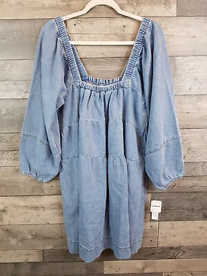 Free People Lou Jean Babydoll Dress Large Blue Denim Tunic Smock Pockets BN • £45