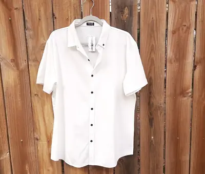 Men's COOFANDY Vintage Knit Cuban Button Down Short Sleeve Shirt Lg White Black • $22.77