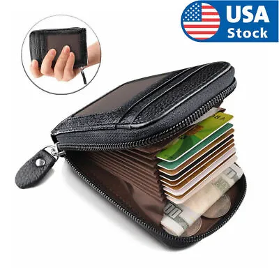 Men Genuine Leather Wallet Credit Card Holder RFID Blocking Zipper Pocket Thin • $9.99