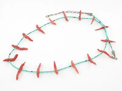 Vintage Zuni Carved Coral Turquoise Heishi Sterling Silver Fetish Necklace • $592.67