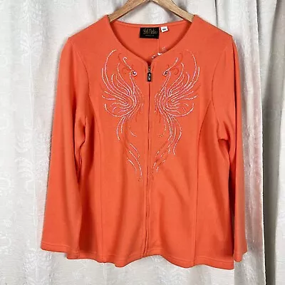 NWT Bob Mackie Full-zip Orange Peacock Sequin Knit Jacket Large Stretch Crystals • $27